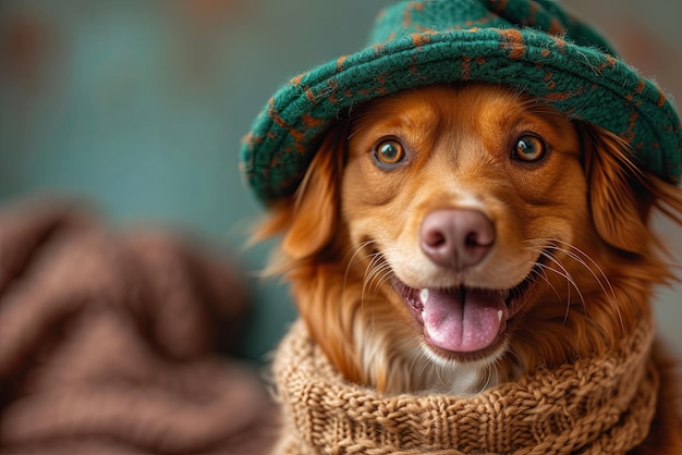 Фото Счастливая собака в шляпе-леприконе сидит на зеленом фонтане в день святого патрика