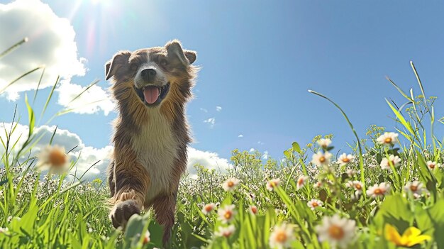 写真 草原の花の中の幸せな犬