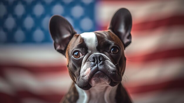 Фото Счастливая собака перед американским флагомсоздано с помощью технологии генеративного искусственного интеллекта