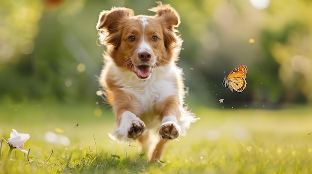 A happy dog is running in the field with a butterfly The dog is brown and white and the butterfly is orange and black