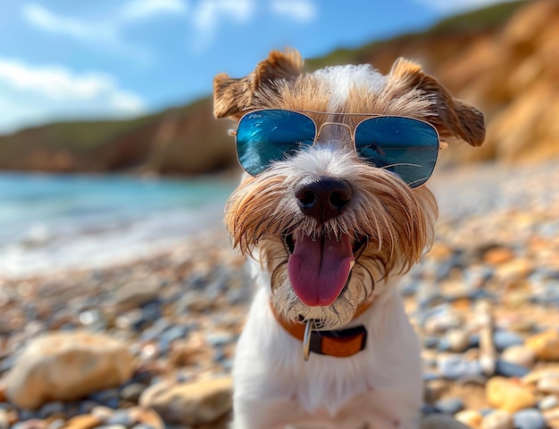 Счастливая собака носит солнцезащитные очки на пляже.