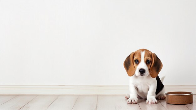 コピースペースの黄色い背景で孤立した幸せな犬