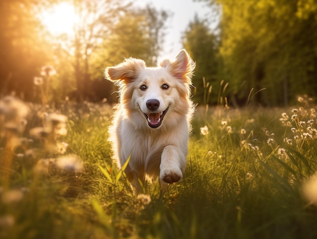 AI が生成した自然の背景で幸せな犬がジャンプ