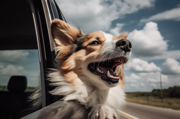 Il cane felice guarda fuori dal finestrino dell'auto viaggio con il cane ia generativa