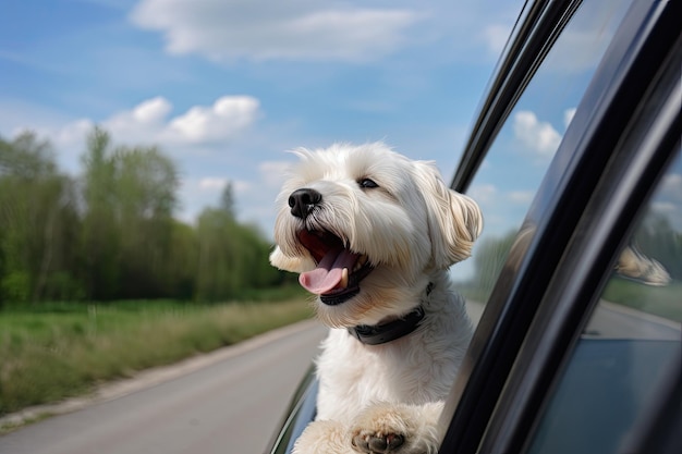 Happy dog looks out from car window Road trip with dog Generative AI