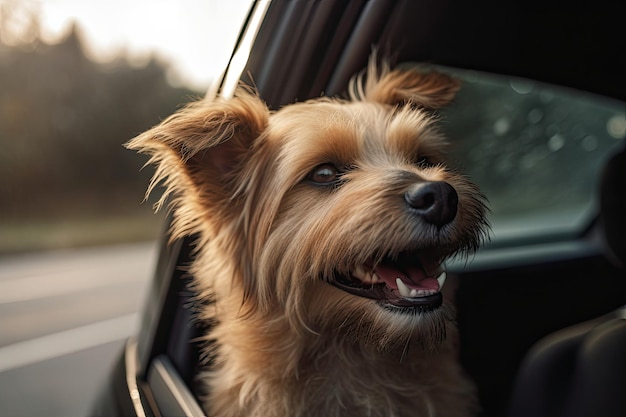 Happy dog looks out from car window Road trip with dog Generative AI