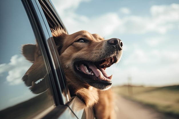 Happy dog looks out from car window Road trip with dog Generative AI