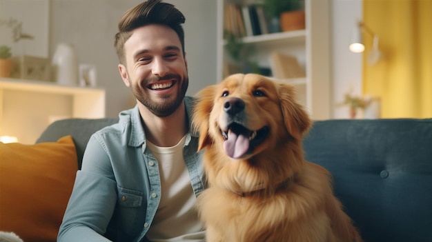 Happy dog and man together friend of people at home