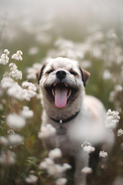 Happy dog in the meadow with yellow flowers