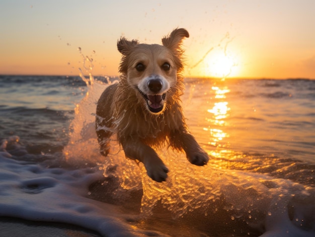 Happy dog playing on the beach