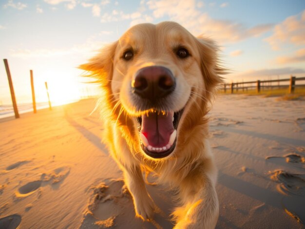 Foto cane felice che gioca sulla spiaggia