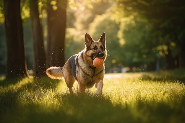 Happy dog playing in the green park generative IA