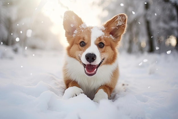 Happy dog playing in a snow at winter