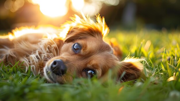 Foto cane felice che gioca sull'erba verde vivace al sole in un giorno d'estate concept dog photography outdoor photoshoot vibrant colors summer fun