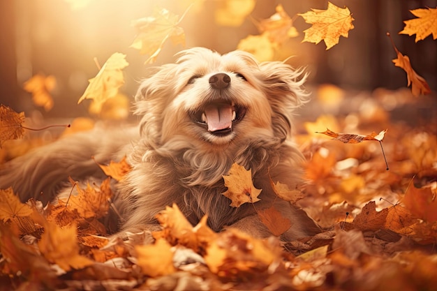 Happy dog playing with autumn leaves Generative AI