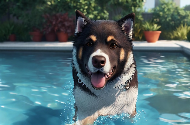 Happy dog in pool Charming pet swimming in swimming pool in sunny weather Generative AI