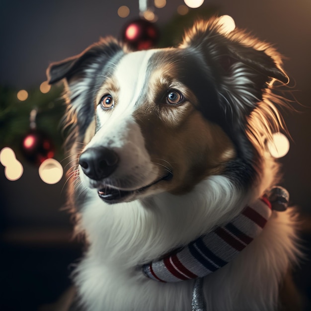 幸せな犬の肖像画のメリー クリスマスと新年あけましておめでとうございます