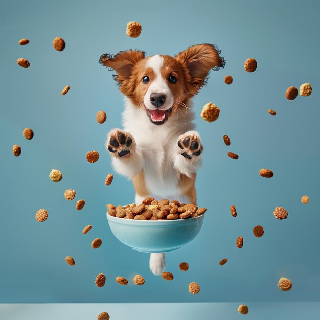 A happy dog puppy jumping by a bowl full of flying kibble on a pastel background Levitation