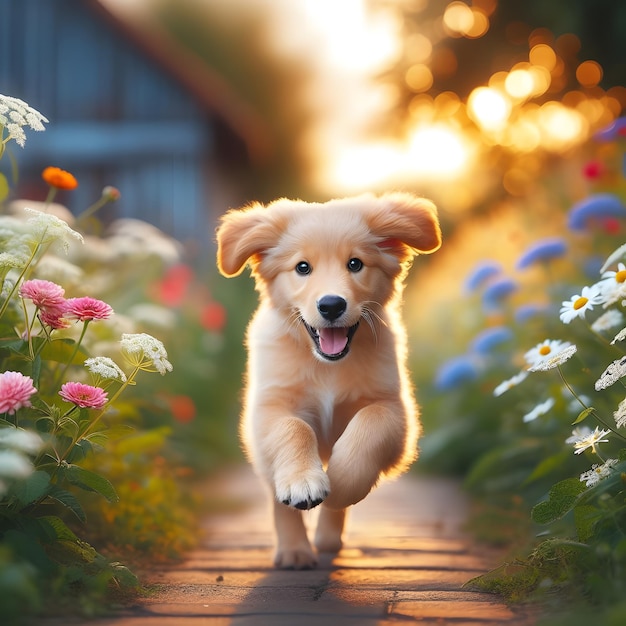 幸せな犬の子犬が夏の花の近くで走っている