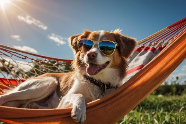 Photo happy dog relaxing in a hammock