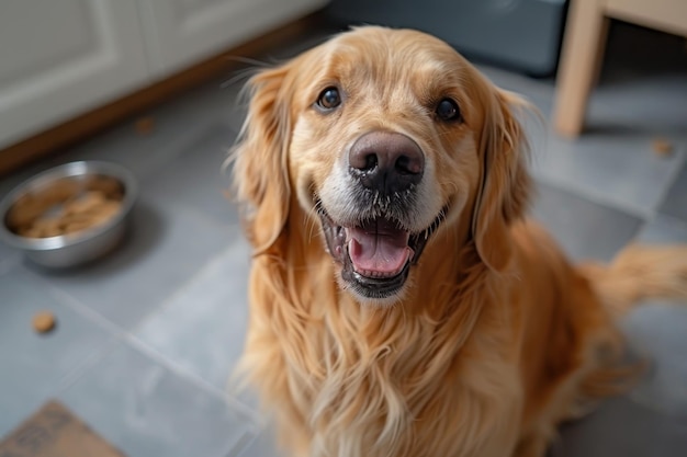 happy dog retrieve with bowl of dog food