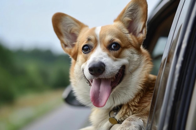 happy dog rides in a car and looks out of the window