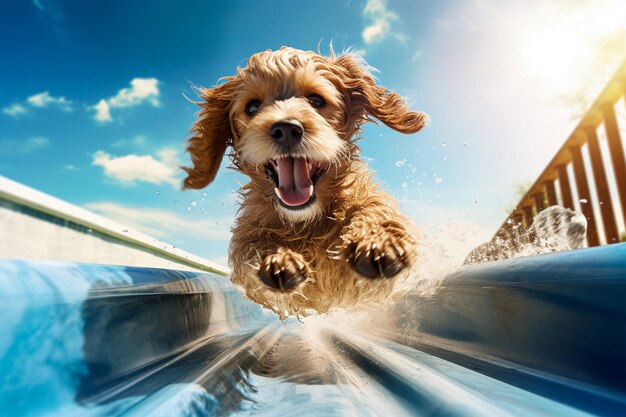 Happy dog riding on slide in aqua park generative ai