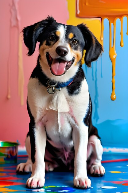 a happy dog in a room