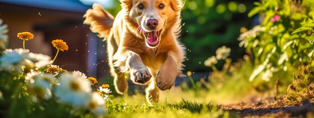 緑の花の草原のバナーを横断して走る幸せな犬 生成的なAIで作られた 高品質のイラスト