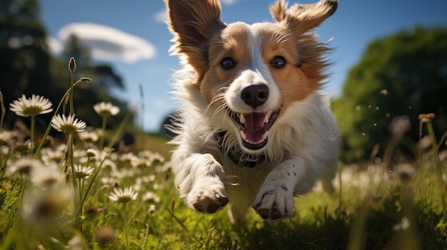 Счастливая собака бежит по полю.