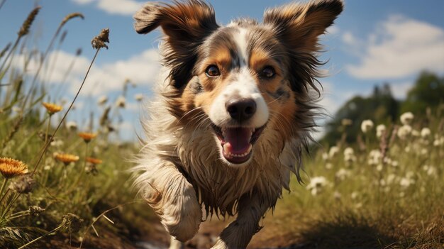 畑で走っている幸せな犬