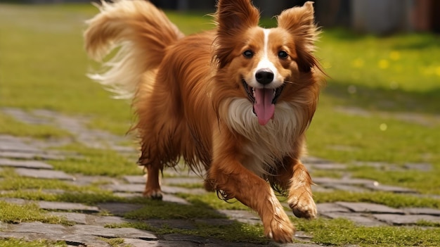 畑で走っている幸せな犬