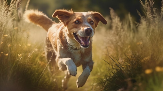 Happy dog running in grass closeup AI generated