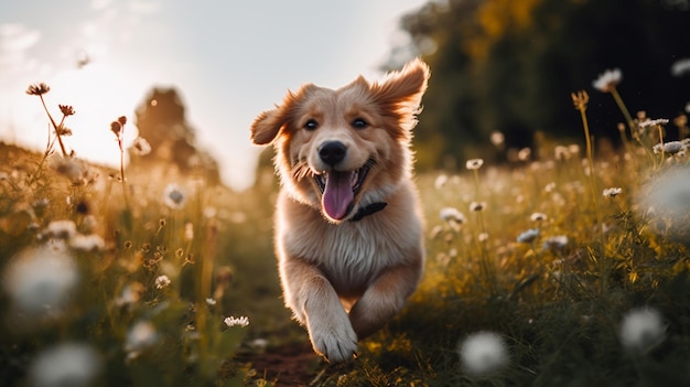 Счастливая собака бежит по цветочному саду. Фотография, созданная AI.
