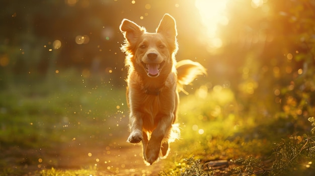 Happy dog running in sunlight across lush field joyous