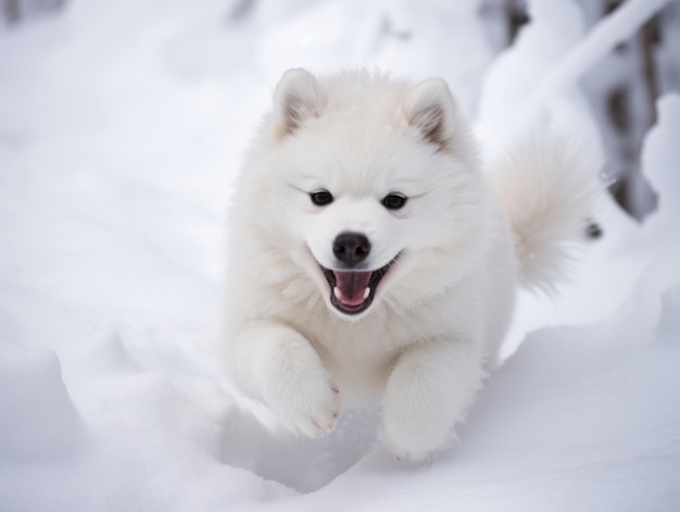 雪の中を走る幸せな犬