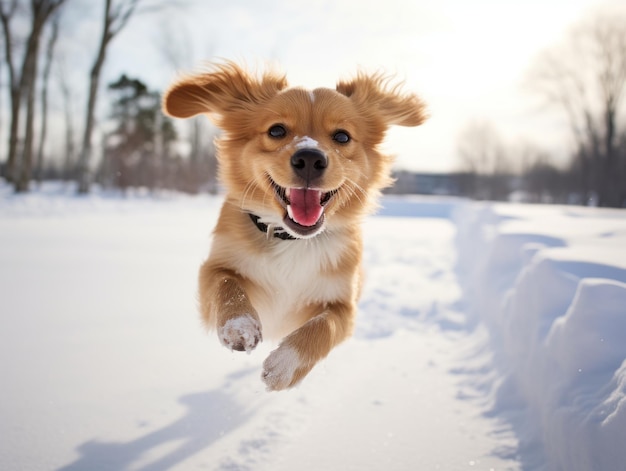 Happy dog running through the snow