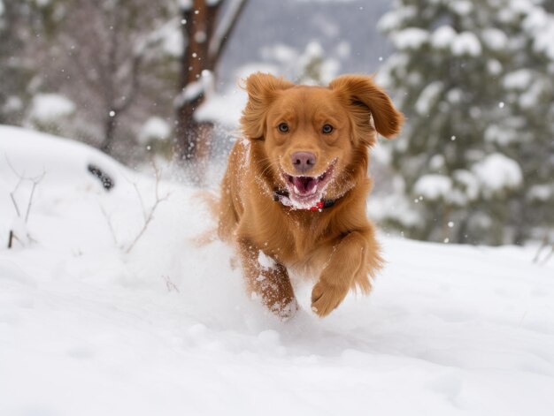 Happy dog running through the snow