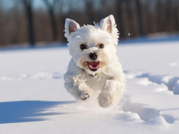 Happy dog running through the snow