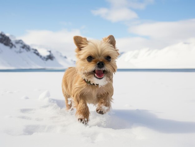 Happy dog running through the snow