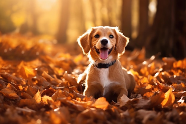 Happy dog sitting in autumn forest Generative AI