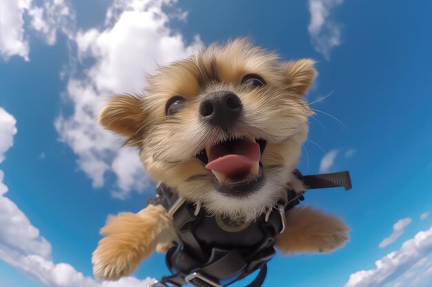 Happy dog skydiver flies in the sky from an airplane