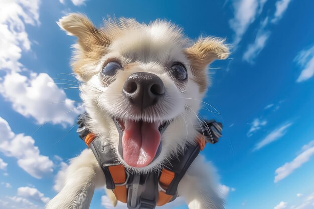 Happy dog skydiver flies in the sky from an airplane