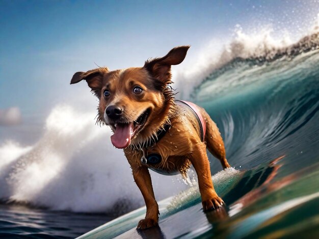 Foto cane felice in piedi su una tavola da surf surfando su un'onda dell'oceano cane surfista vacanze estive con animale domestico