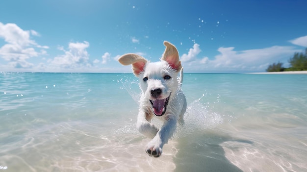 夏のビーチの背景で幸せな犬