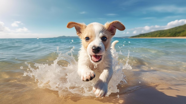 夏のビーチの背景に幸せな犬