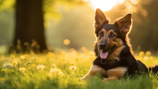 Happy dog in summer park cute adult pet