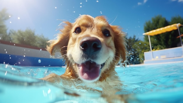 Happy dog at swimming pool Illustration AI GenerativexA