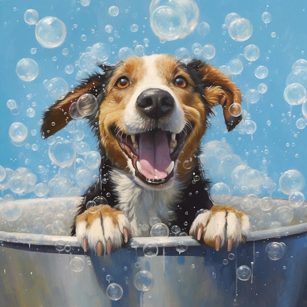 Happy dog taking a bath dog in the bathtub