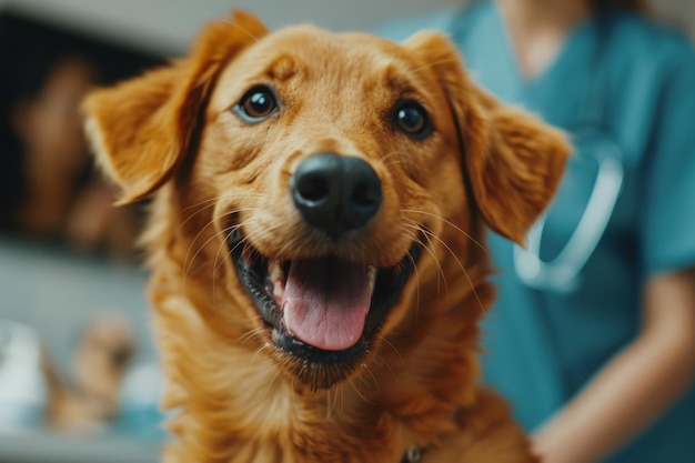 背景に医師がいる犬診療所の幸せな犬